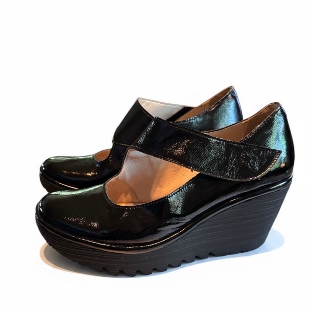 Fly London Yoko Wedge Pumps 38 Black Patent Leather Mary Jane Platform Gorpcore